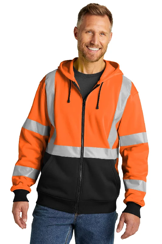 CornerStone Mens Enhanced Visibility Fleece Full Zip Hooded Sweatshirt Hoodie w/ Pockets - Safety Orange