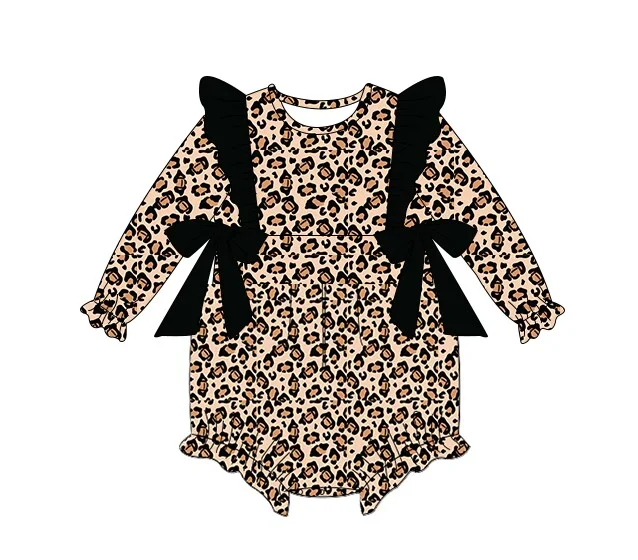 Preorder LR1071 Leopard print black bow long sleeve romper