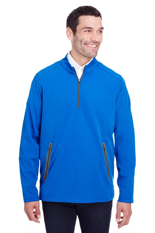 North End Mens Quest Performance Moisture Wicking 1/4 Zip Sweatshirt w/ Pockets - Olympic Blue/Carbon Grey - Closeout