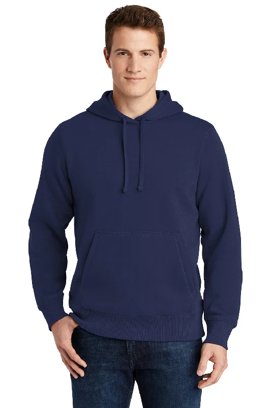 Sport-Tek Mens Shrink Resistant Fleece Hooded Sweatshirt Hoodie w/ Pouch Pocket - True Navy Blue