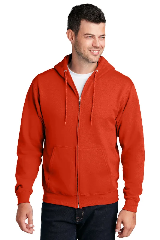 Port & Company Mens Core Pill Resistant Fleece Full Zip Hooded Sweatshirt Hoodie w/ Pockets - Orange