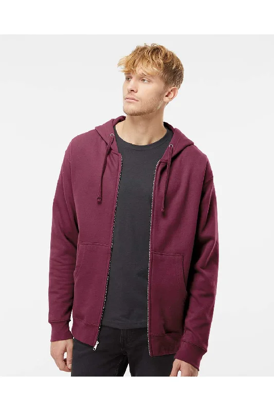 Independent Trading Co. Mens Full Zip Hooded Sweatshirt Hoodie w/ Pockets - Maroon