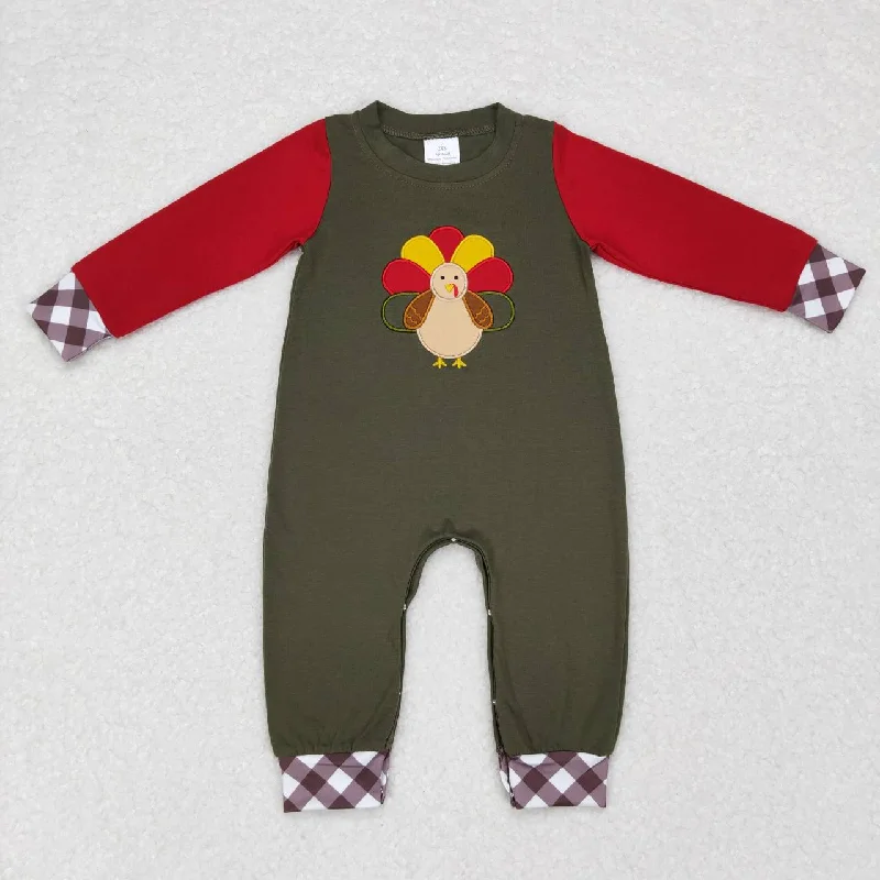 LR0670 Thanksgiving Turkey Red Green Embroidery  Boys Long Sleeve Romper