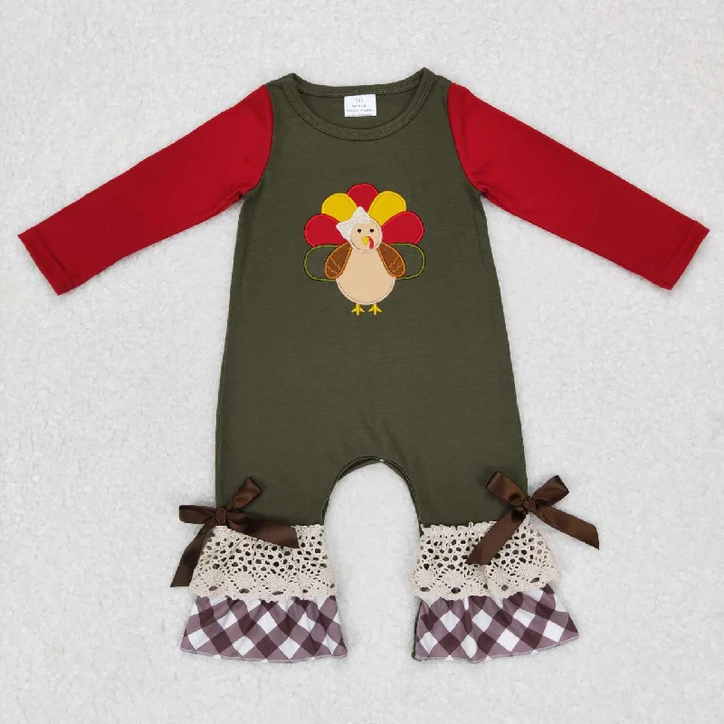 LR0666 Thanksgiving Turkey Red Green Embroidery  Boys Long Sleeve Romper