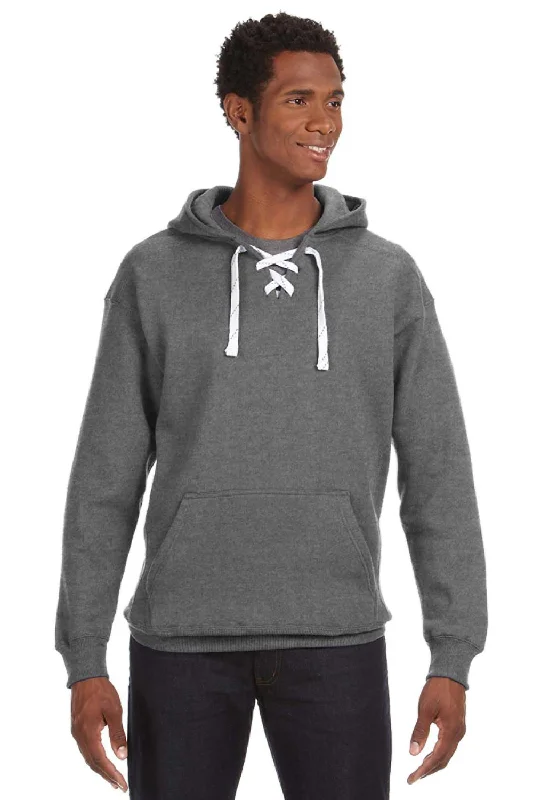 J America Mens Sport Lace Hooded Sweatshirt Hoodie w/ Pouch Pocket - Heather Charcoal Grey