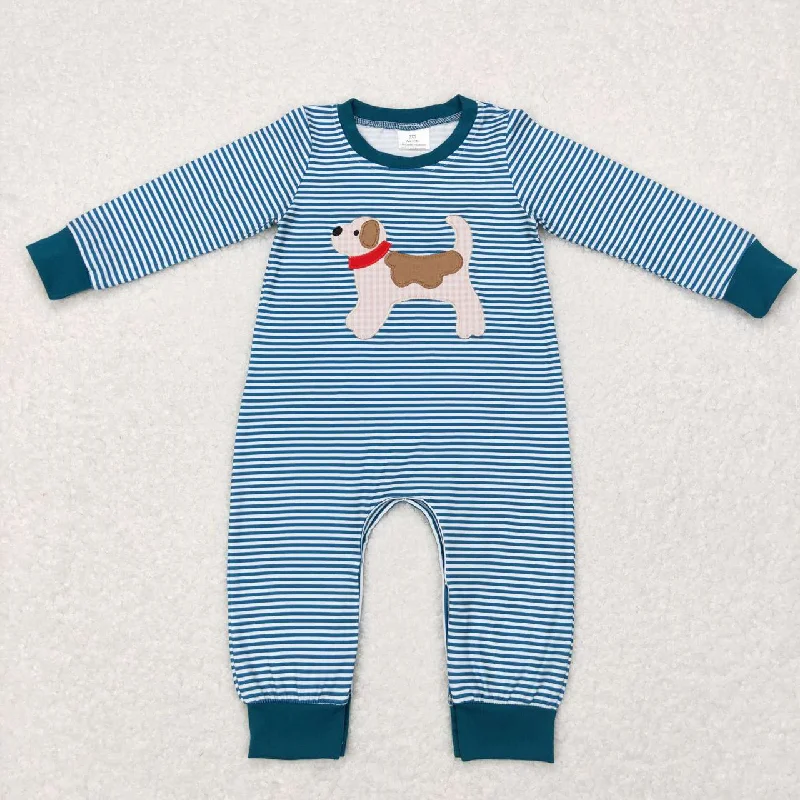 LR0727  Blue Dog Embroidery  Boys Long Sleeve Romper