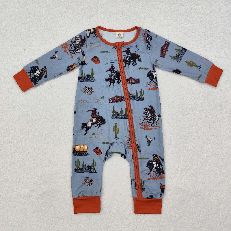 LR1858 western rodeo red gray Bamboo Zipper Long Sleeve Romper baby boy boutique outfit RTS 20241112