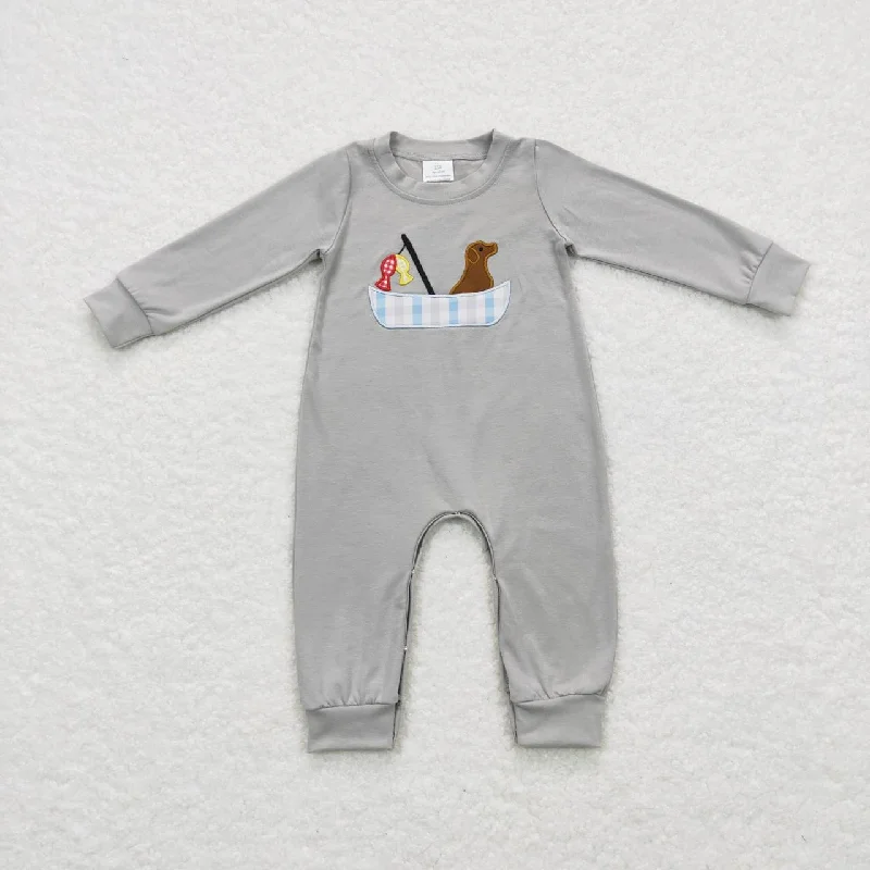 LR0690 Grey Dog Fish Embroidery Boys Long Sleeve Romper