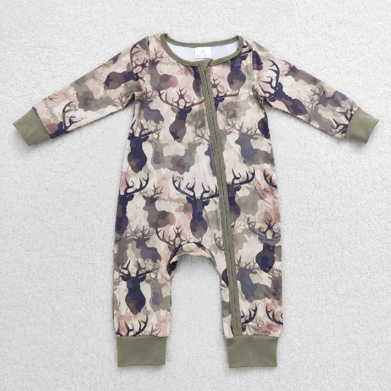 LR0662 Green Camo Deer   Zipper Boys Long Sleeve Romper