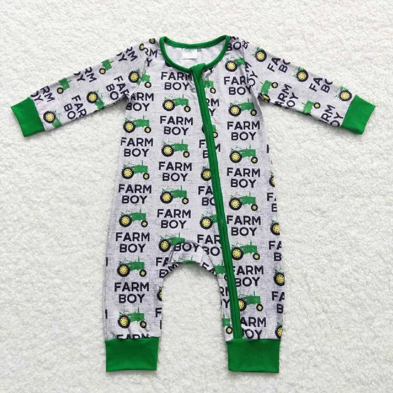 LR0688 Green Farm Boy Truck Zipper Boys Long Sleeve Romper