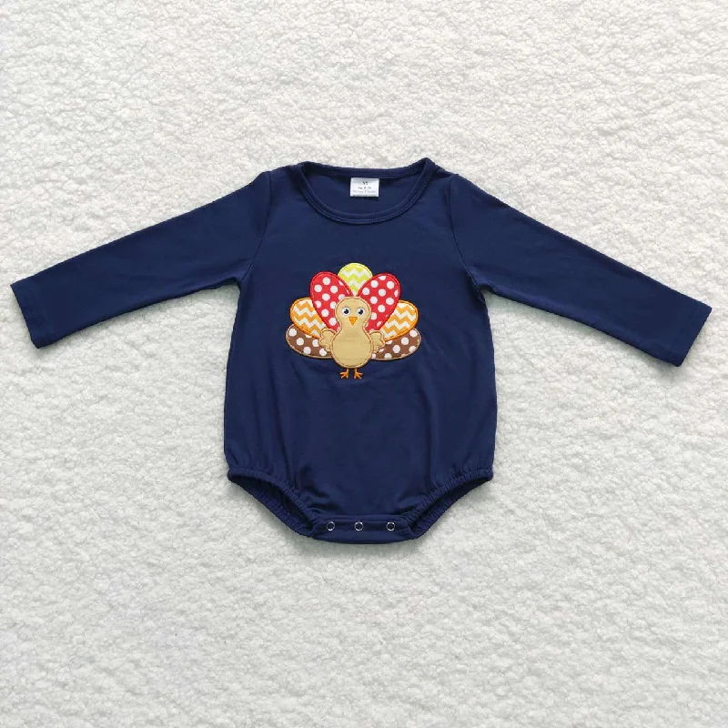 LR0606  Thanksgiving Turkey Blue Embroidery  Boys Long Sleeve Romper