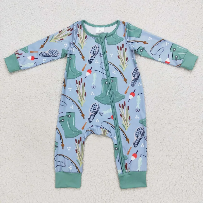 LR0664  Blue Fish  Zipper Boys Long Sleeve Romper