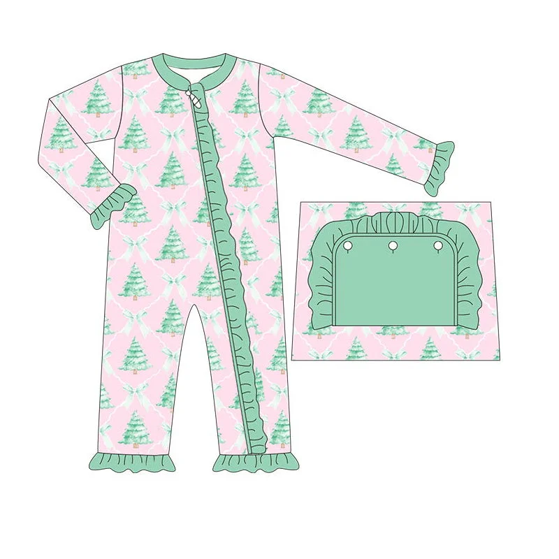 Preorder LR1073 Christmas tree bow Green lace pink zipper long sleeve romper