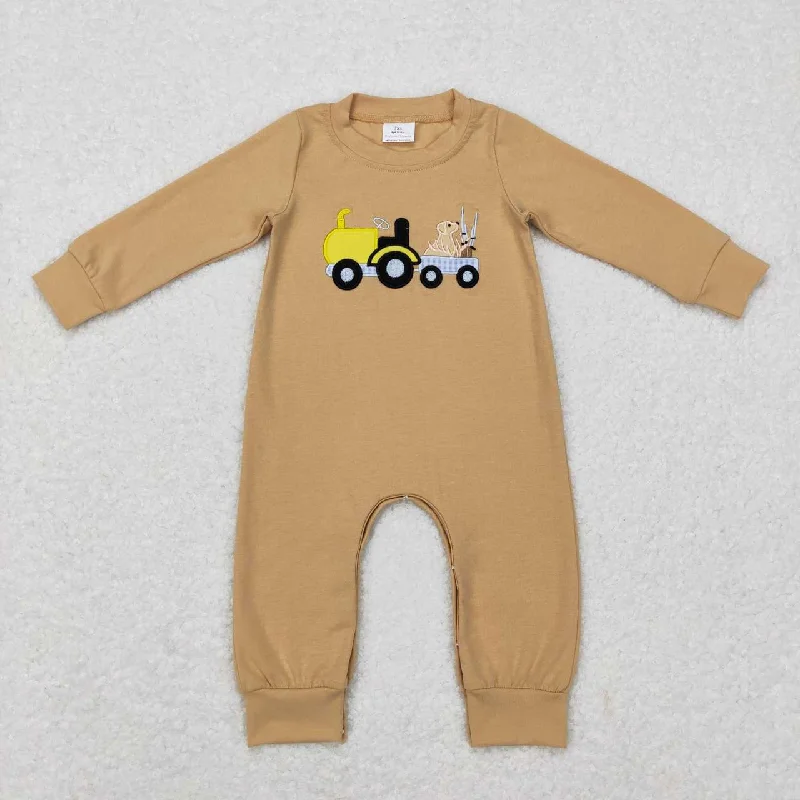 LR0729 Yellow hunt Dog Embroidery  Boys Long Sleeve Romper