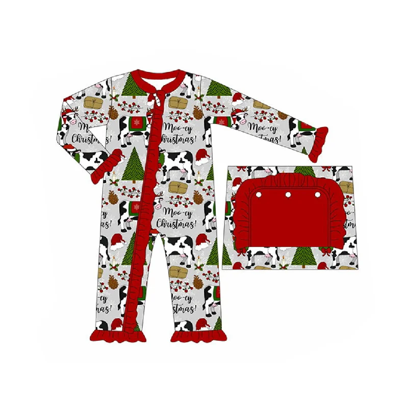 Preorder LR1074 Christmas tree cow grey red lace zipper long sleeve romper