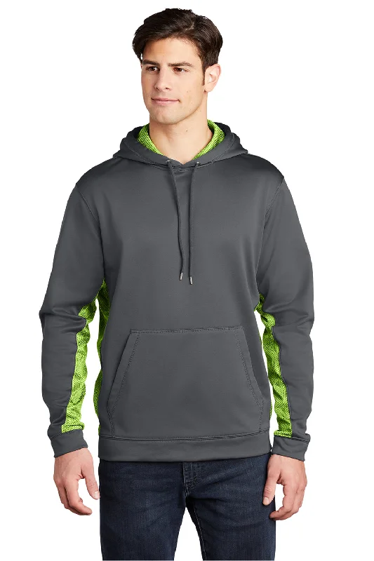 Sport-Tek Mens Sport-Wick CamoHex Moisture Wicking Fleece Hooded Sweatshirt Hoodie w/ Pouch Pocket - Dark Smoke Grey/Lime Shock Green