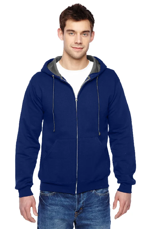 Fruit Of The Loom Mens Softspun Full Zip Hooded Sweatshirt Hoodie w/ Pockets - Admiral Blue - Closeout