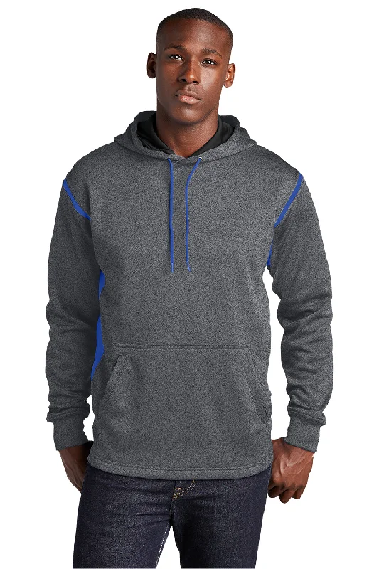 Sport-Tek Mens Tech Moisture Wicking Fleece Hooded Sweatshirt Hoodie w/ Pouch Pocket - Heather Graphite Grey/True Royal Blue