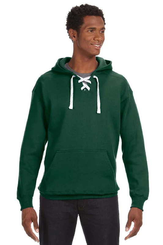 J America Mens Sport Lace Hooded Sweatshirt Hoodie w/ Pouch Pocket - Forest Green