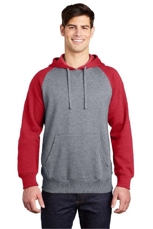 Sport-Tek Mens Shrink Resistant Fleece Hooded Sweatshirt Hoodie w/ Pouch Pocket - Heather Vintage Grey/True Red