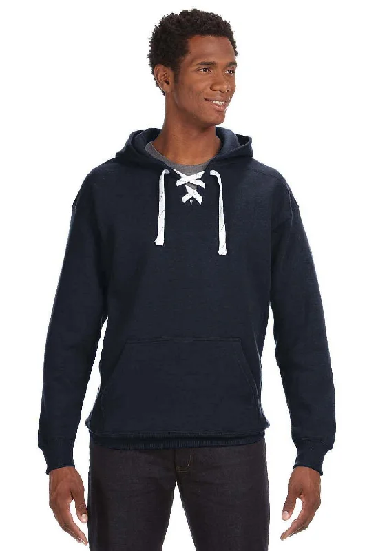 J America Mens Sport Lace Hooded Sweatshirt Hoodie w/ Pouch Pocket - Navy Blue - Closeout