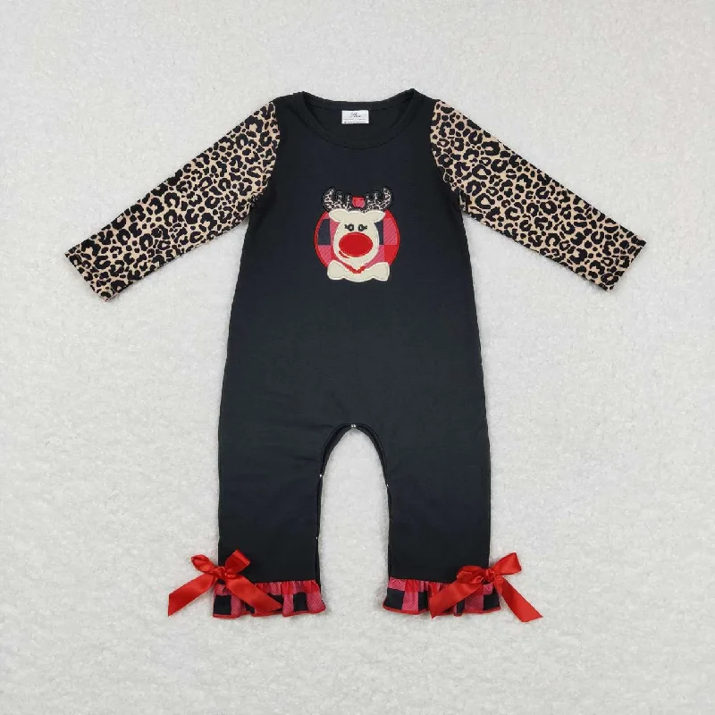 LR0730 Christmas Black red deer leopard Embroidery  Boys Long Sleeve Romper