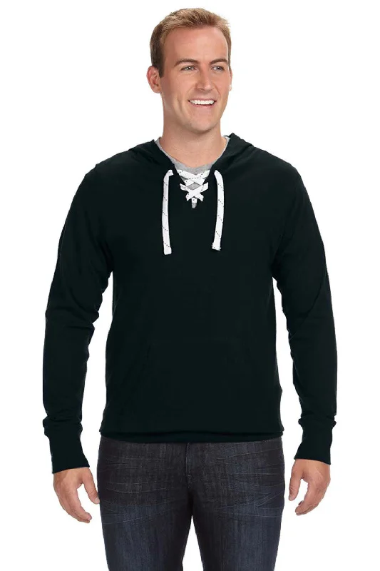 J America Mens Sport Lace Jersey Hooded Sweatshirt Hoodie w/ Pouch Pocket - Black