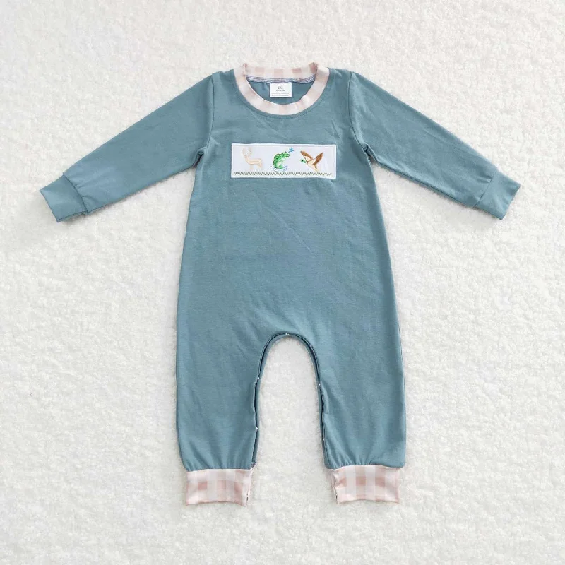 LR0728  Blue Deer Fish Bird  Embroidery  Boys Long Sleeve Romper