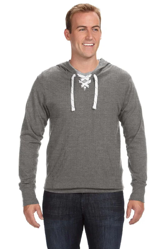 J America Mens Sport Lace Jersey Hooded Sweatshirt Hoodie w/ Pouch Pocket - Heather Charcoal Grey