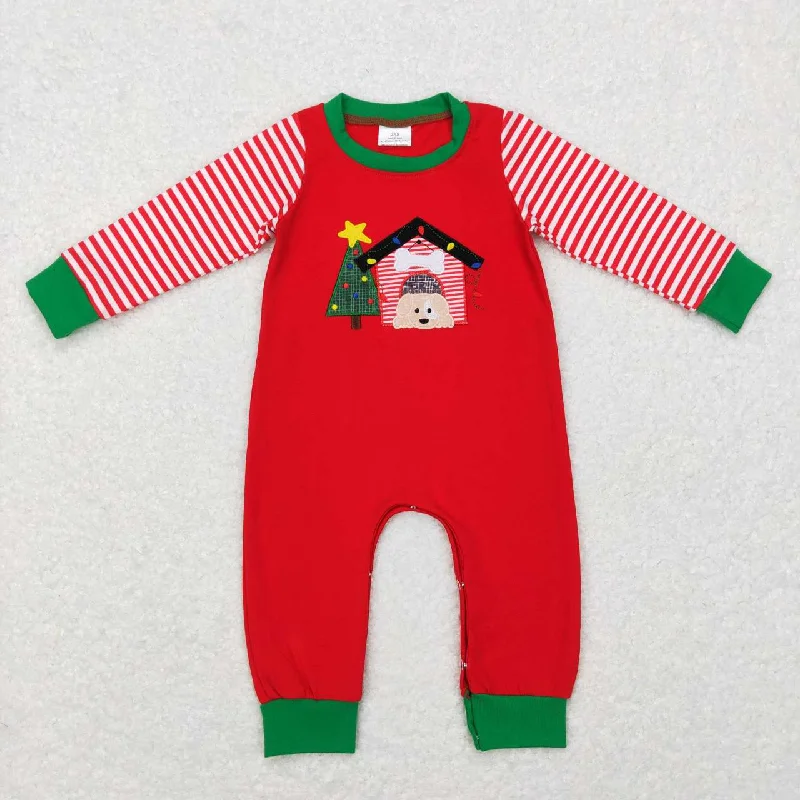 LR0659 Christmas Dog Tree Red  Embroidery Boys Long Sleeve Romper