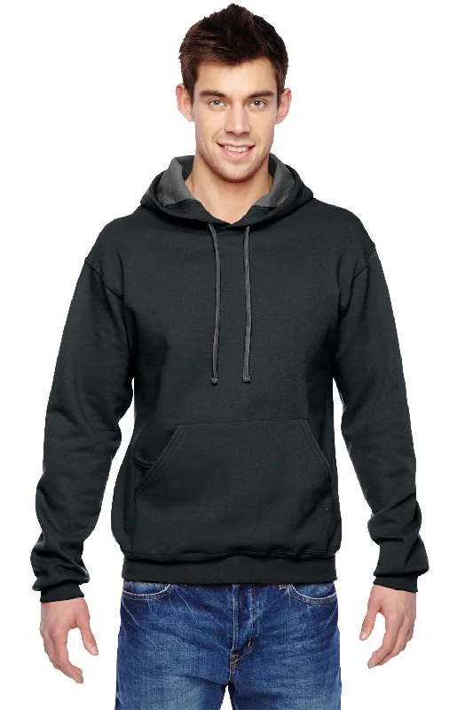 Fruit Of The Loom Mens Softspun Hooded Sweatshirt Hoodie w/ Pouch Pocket - Black - Closeout