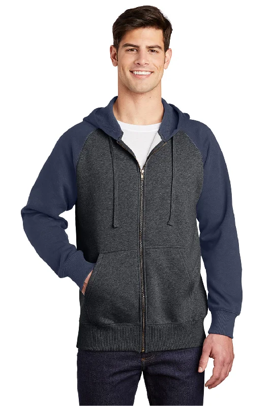 Sport-Tek Mens Shrink Resistant Fleece Full Zip Hooded Sweatshirt Hoodie w/ Pockets - Heather Graphite Grey/True Navy Blue