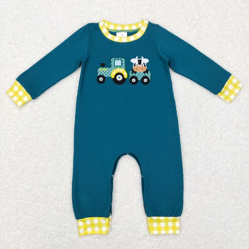 LR0377  Blue Farm Cow Yellow   Embroidery  Boys Long Sleeve Romper