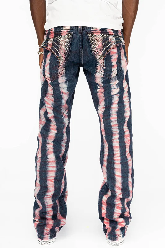 GYPSY STRAIGHT LEG REPATCHED JEANS WITH LONG FLAP EMBELLISHED  WITH CRYSTALS IN PRISONER RED