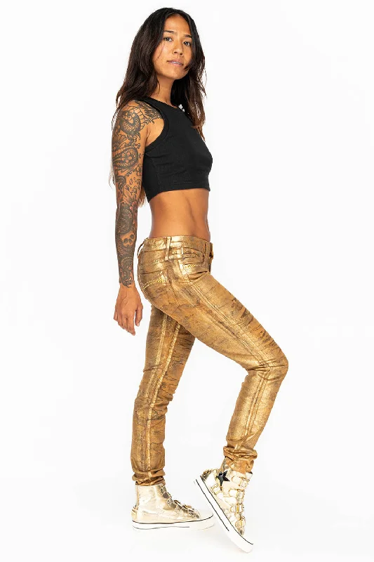 MID RISE WOMENS SKINNY JEANS IN AERO KHAKI WASH WITH GOLD CRYSTALS