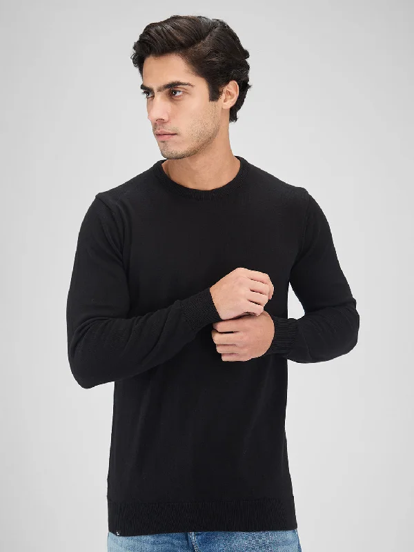 Spykar Men Solid Black Regular Fit Full Sleeves Sweater