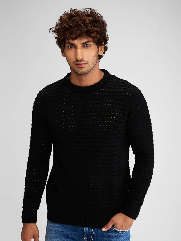 Spykar Men Solid Black Comfort Fit Full Sleeves Sweater