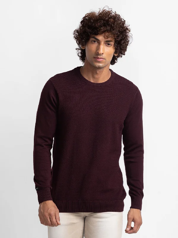 Spykar Wine Cotton Full Sleeve Casual Sweater For Men