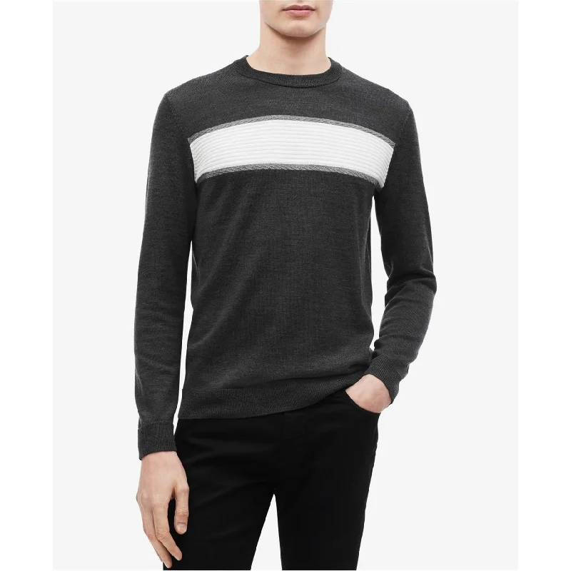 Calvin Klein Mens Chest Stripe Pullover Sweater, Grey, Large