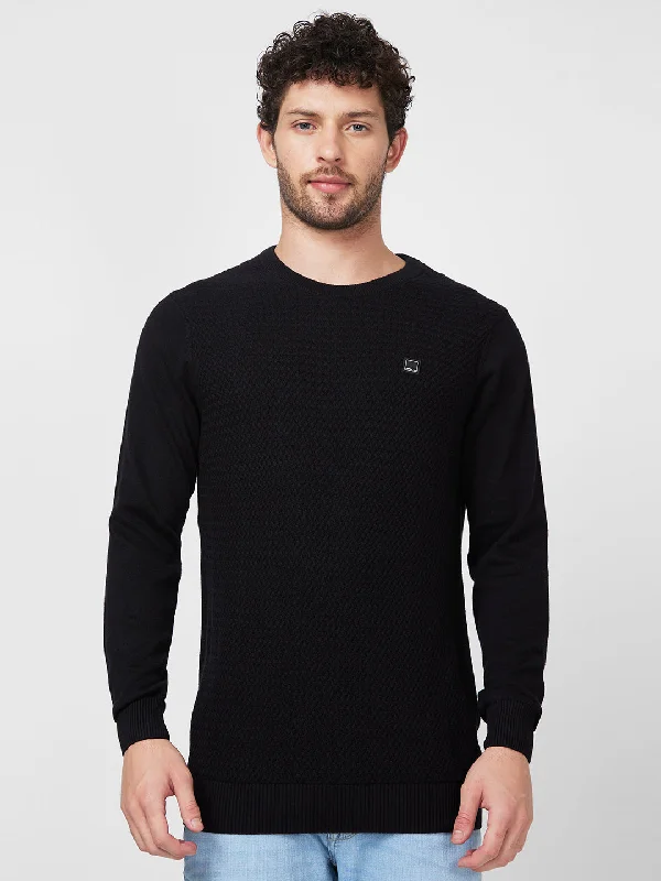 Spykar Collarless Full Sleeves Black Sweater For Men