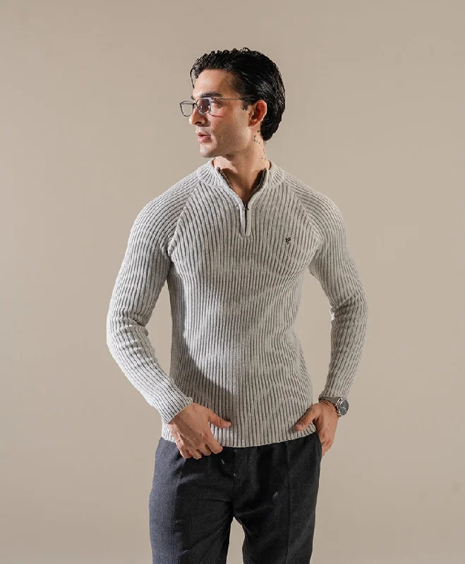 Grey Mock Neck Zipper Sweater