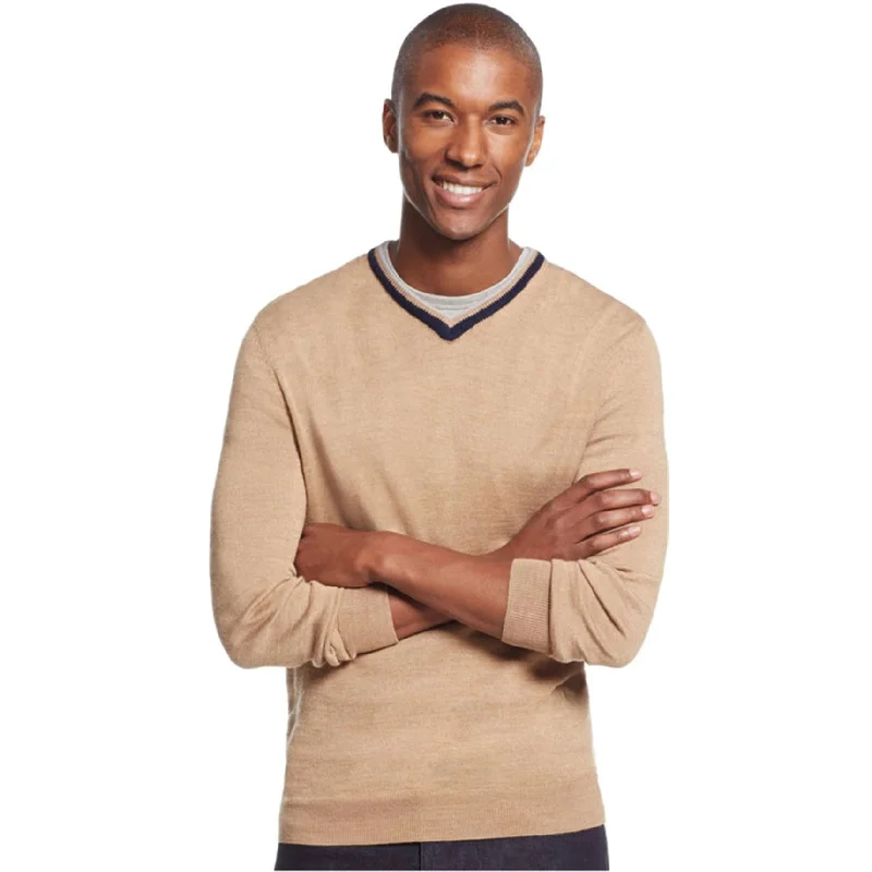 Club Room Mens Merino Wool V-Neck Pullover Sweater, Brown, Big 2X