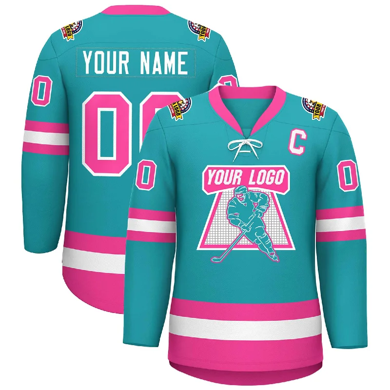 Custom Aqua Pink-White Lace-Up Neck Hockey Jersey