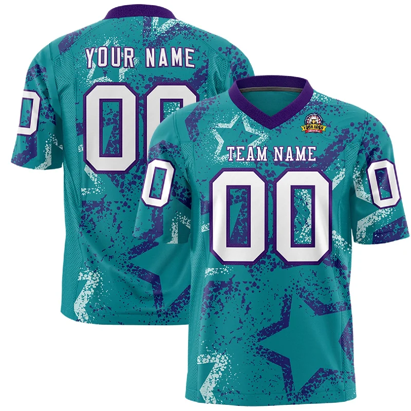 Custom Aqua Purple-White Personalized Star Graffiti Pattern Authentic Football Jersey