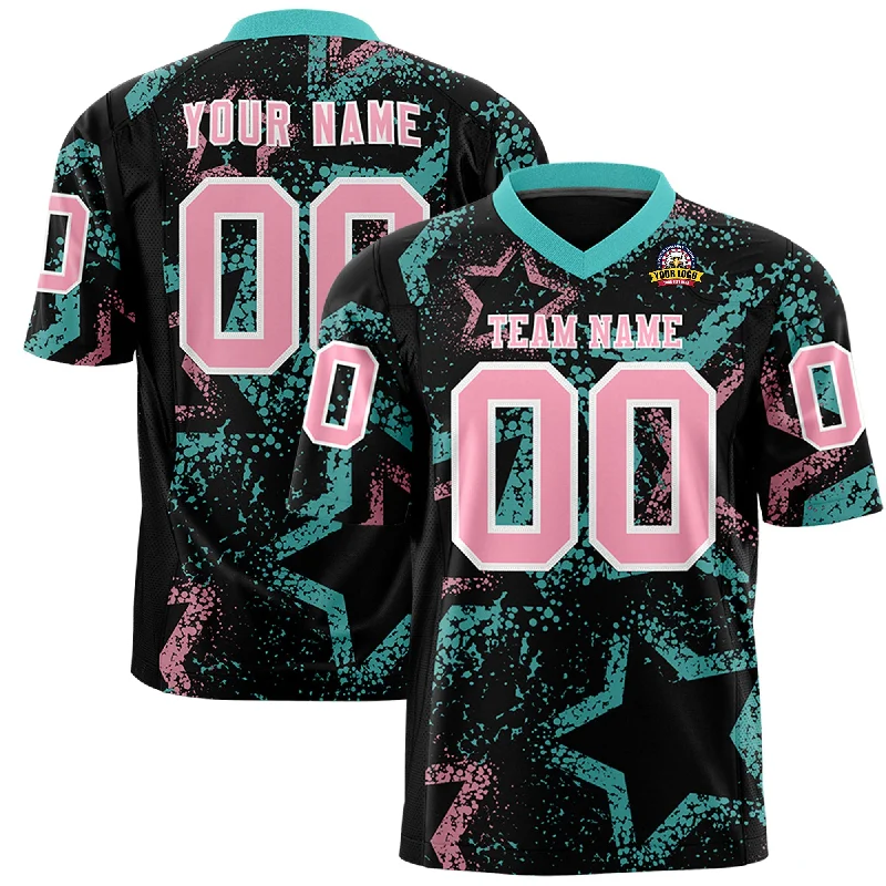 Custom Black Bright Green-Light Pink Personalized Star Graffiti Pattern Authentic Football Jersey