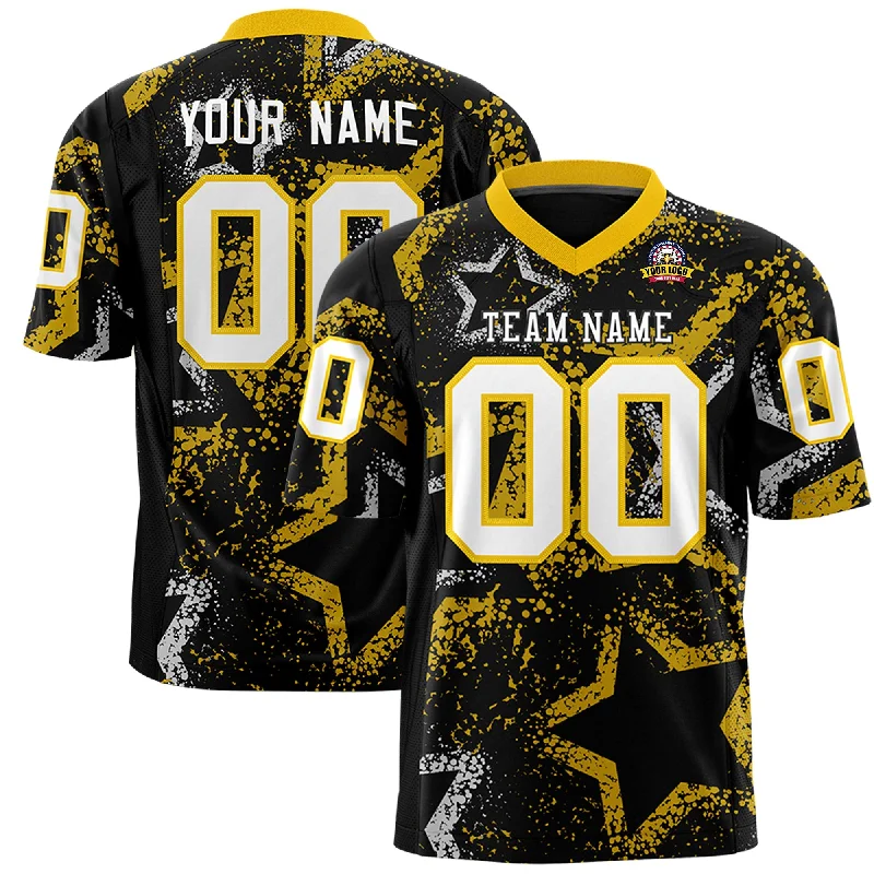 Custom Black Gold-White Personalized Star Graffiti Pattern Authentic Football Jersey