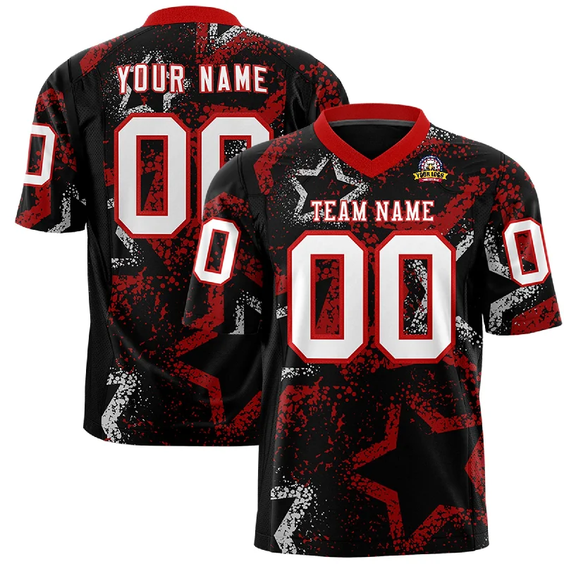 Custom Black Red-White Personalized Star Graffiti Pattern Authentic Football Jersey