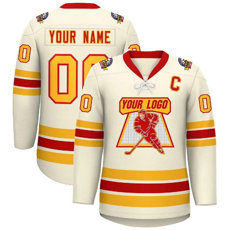 Custom Cream Red-Yellow Lace-Up Neck Hockey Jersey