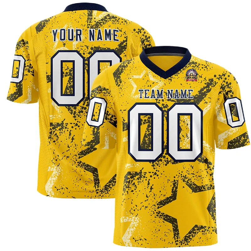 Custom Gold Navy-White Personalized Star Graffiti Pattern Authentic Football Jersey