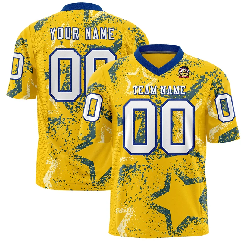 Custom Gold Royal-White Personalized Star Graffiti Pattern Authentic Football Jersey